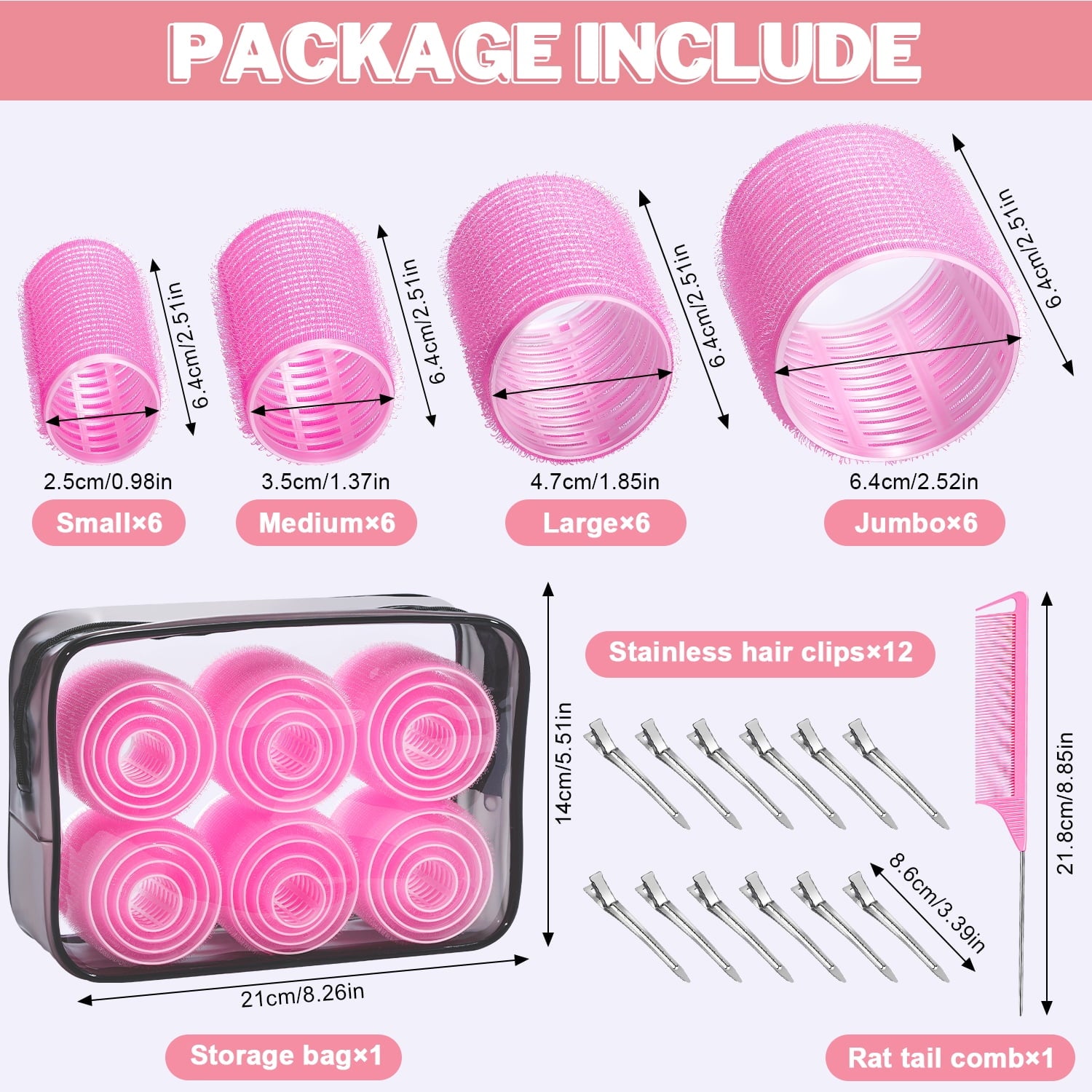 MORGLES Hair Rollers, 37 Pcs Set with 4 Sizes Hair curlers Roller & 12 Clips, Includes Comb & Clear Travel Pouch for Long/Short Hair (Pink) - Image 6