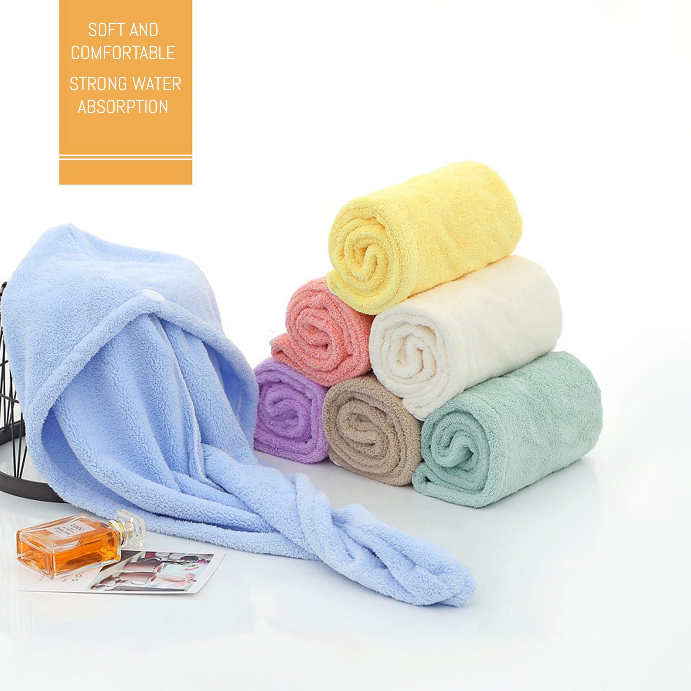 3 Pack Microfiber Hair Towel Wraps for Women, Quick Dry Anti-Frizz Hair Turban with Button, Ultra Absorbent Large Hea... - Image 5