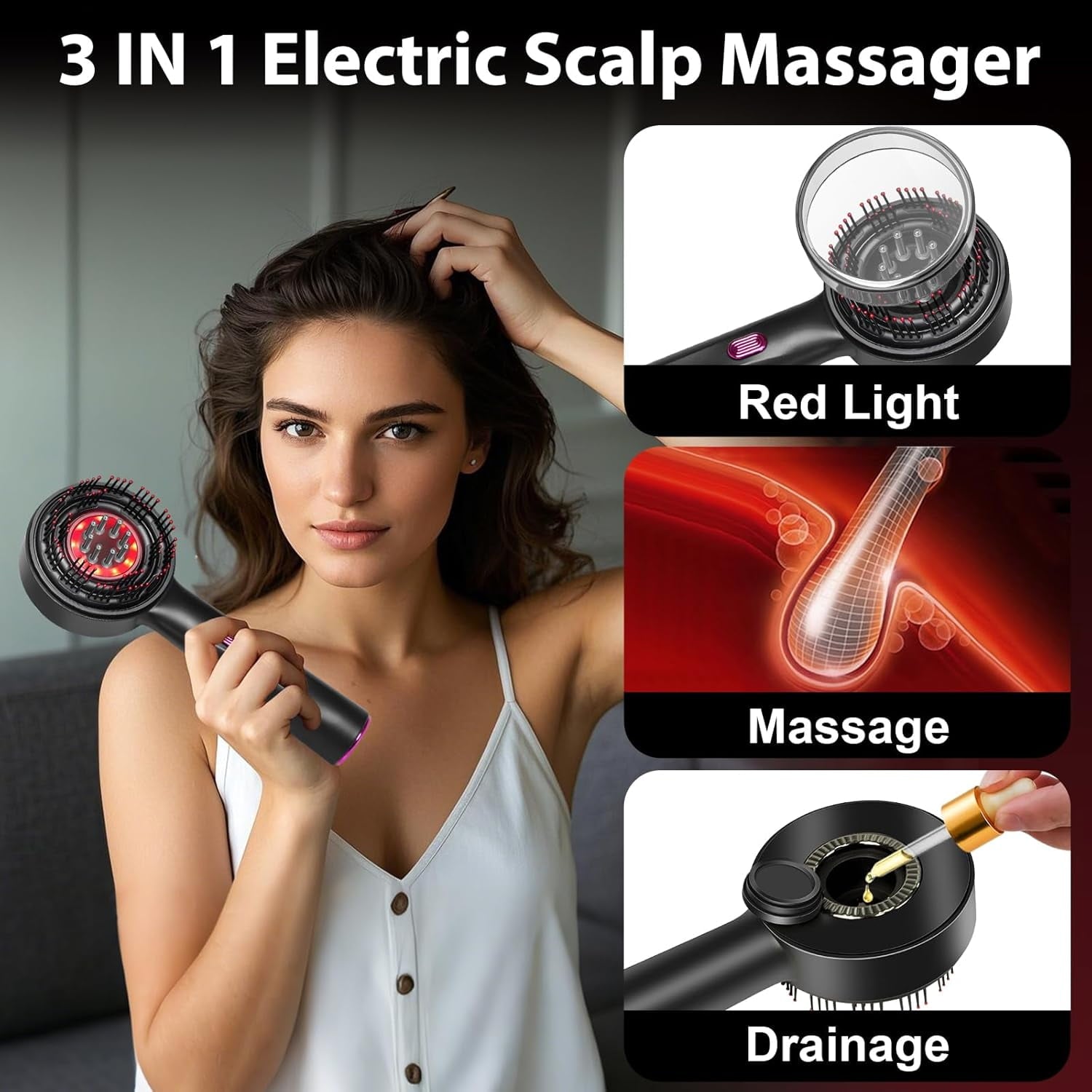 3-in-1 Comb for Men with 630nm Red Light Therapy, Scalp Massager Brush, Oil Applicator, 72 Teeth & 8 Roller Balls, Re... - Image 5